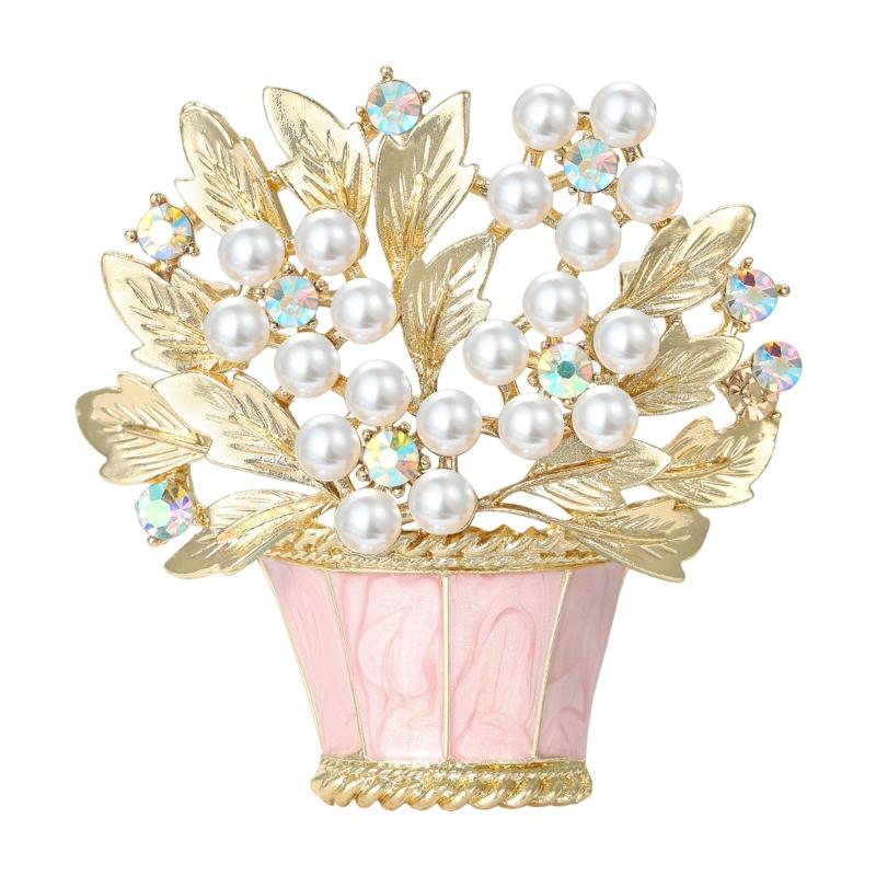 

Элегантная брошь-цветочная корзина с эмалевым покрытием и имитацией жемчуга для модных аксессуаров, на различные случаи розовый
