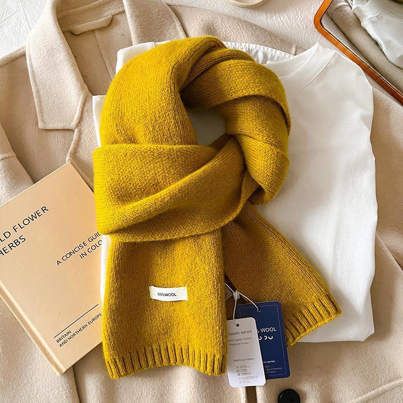 Australian Wool Small Scarf Women'S Winter Solid Color Knitted Scarf Korean Version Thickened Warm Neck Protection
