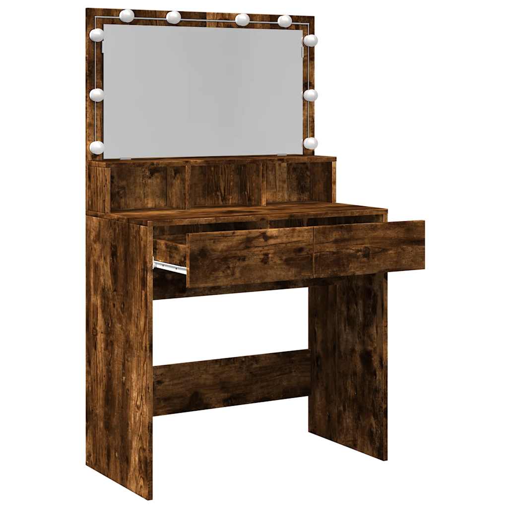 Makeup Vanity with LED Lighting Smoked Oak Finish 80 X 41 X 134.5 Cm