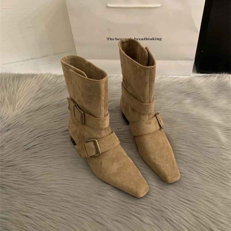 Korean version of the new niche design retro French short boots small square head western boots suede medium boots women's boots