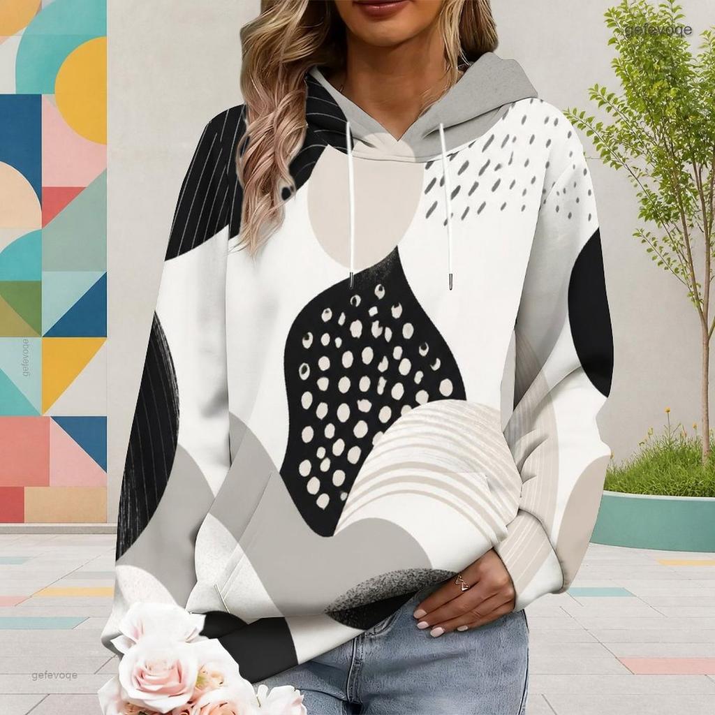 Women Plus Size Black White Floral Printed Long Sleeve Drawstring Hood Kangaroo Pocket Pullover Hoodie