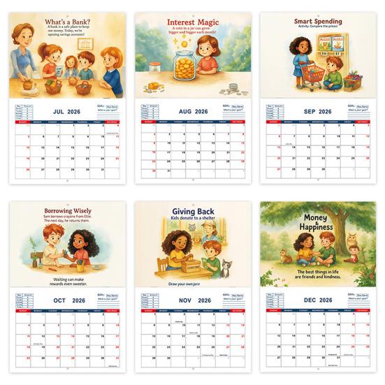 2026 Money Smarts for Kids Calendar Money Learning Monthly Planner with Colorful Illustrations And Money Management Concept for Classroom Home