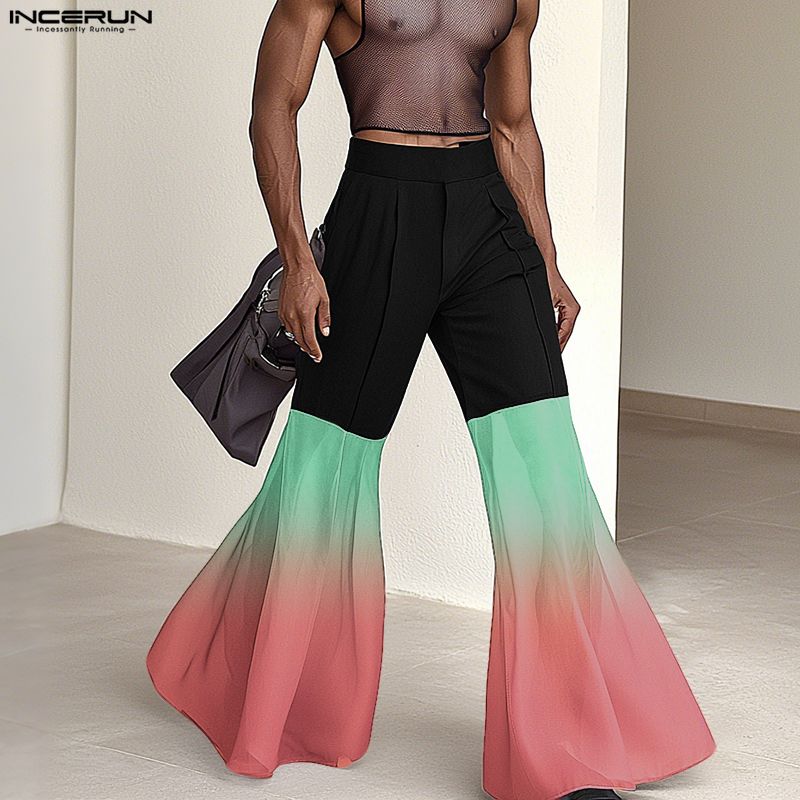 INCERUN Men Casual High Waist Sheer Gradient Patchwork Long Flare Pants Trousers