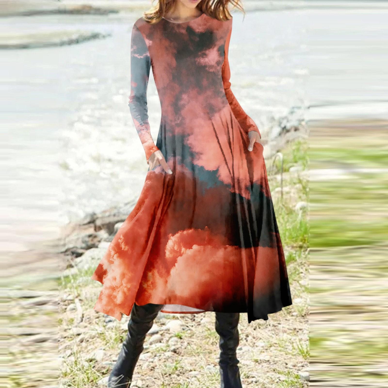 

Женская мода Цветочный градиентный принт с круглым вырезом и длинным рукавом Slim Fit Платье средней длины S