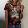 Moda Kadın Tişörtü 3D Baskılı Kawaii Kedi Desen Kısa Kollu Yuvarlak Yaka Üst Yaz Açık Hava Rahat Sokak Basit Giyim
