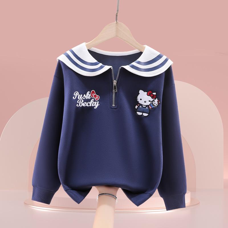 Girls' Sailor Collar Cartoon Sweatshirt - Seasonal Casual Top for Fall and Winter