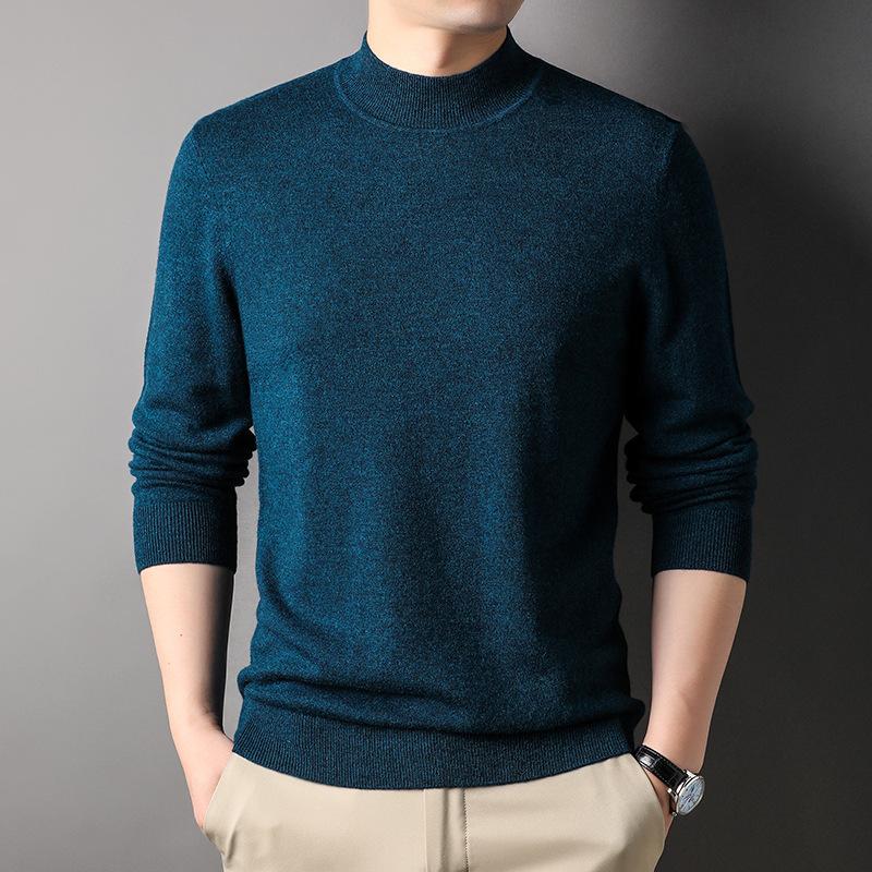 Machine Washable Thickened Full Wool Men's Half Turtleneck Sweater Versatile Solid Color Warm Knitted Base Sweater Men