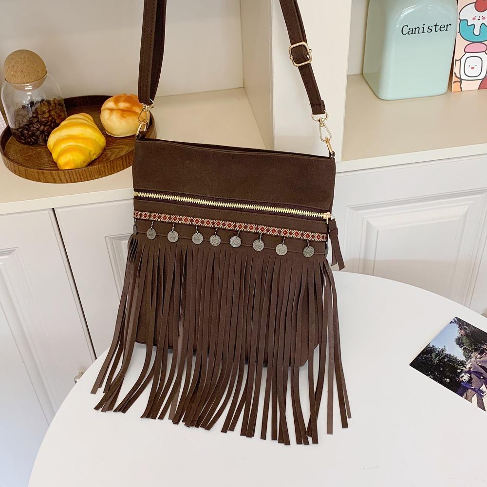 Korean Style Fringe Suede Messenger Bag Solid Color Large Capacity Tassel Shoulder Bag PU Leather Bohemian Style Crossbody Bag