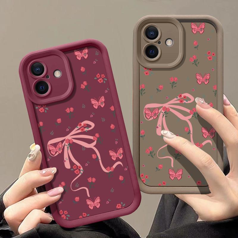 Carcasă Mată TPU cu Imprimeu Floral și Fundă pentru iPhone 16 Pro Max 15 Pro 14 13 12 11 XS XR Protecție Obiectiv Rezistent la Șocuri Husă Moale Silicon Telefon