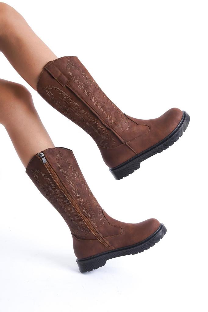 Moderne, stilvolle Mode-Stiefel für Damen, Kunstleder, hellbraun, matt, bestickter Reißverschluss, Western-Cowboystiefel