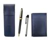 Blue Leather Pen Case and Business Card Holder with Metal Touch Silver Pen and Neo D-600 Ballpoint Pen Set, Black (SASL-MEIL-ALST-600B-B)