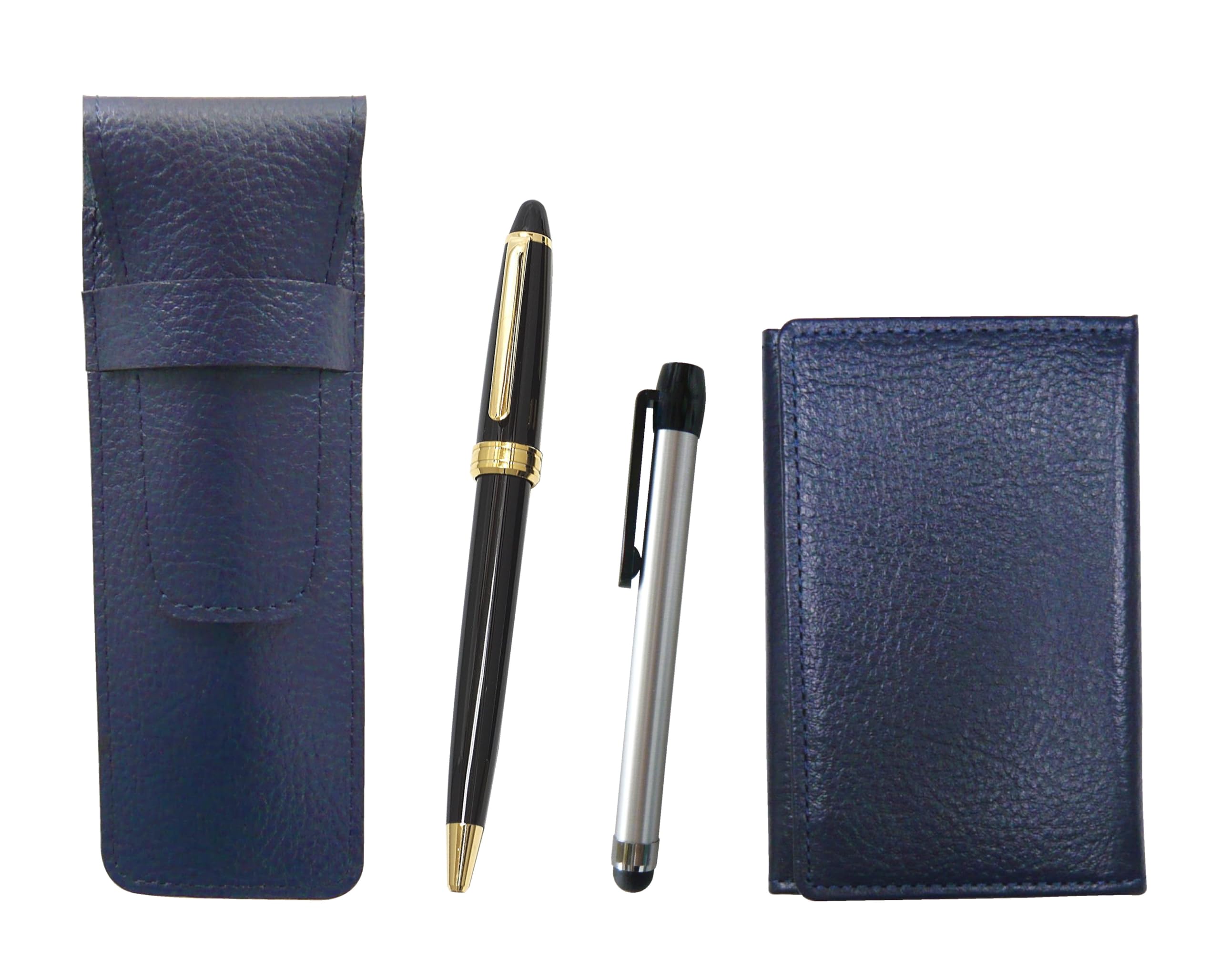 

Blue leather pen case and business card holder with Metal Touch Silver pen and Neo D-600 ballpoint pen set, black (SASL-MEIL-ALST-600B-B)