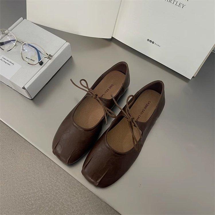 

Soft leather version~ Design sense wrinkled square head lace-up Mary Jane shoes retro soft leather soft sole ballet flat sole single shoe 40 коричневый