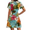Women’s Short Sleeve V Neck Leaf Print Casual Loose Fit Dress Lightweight Summer Mini Dress for Daily Wear