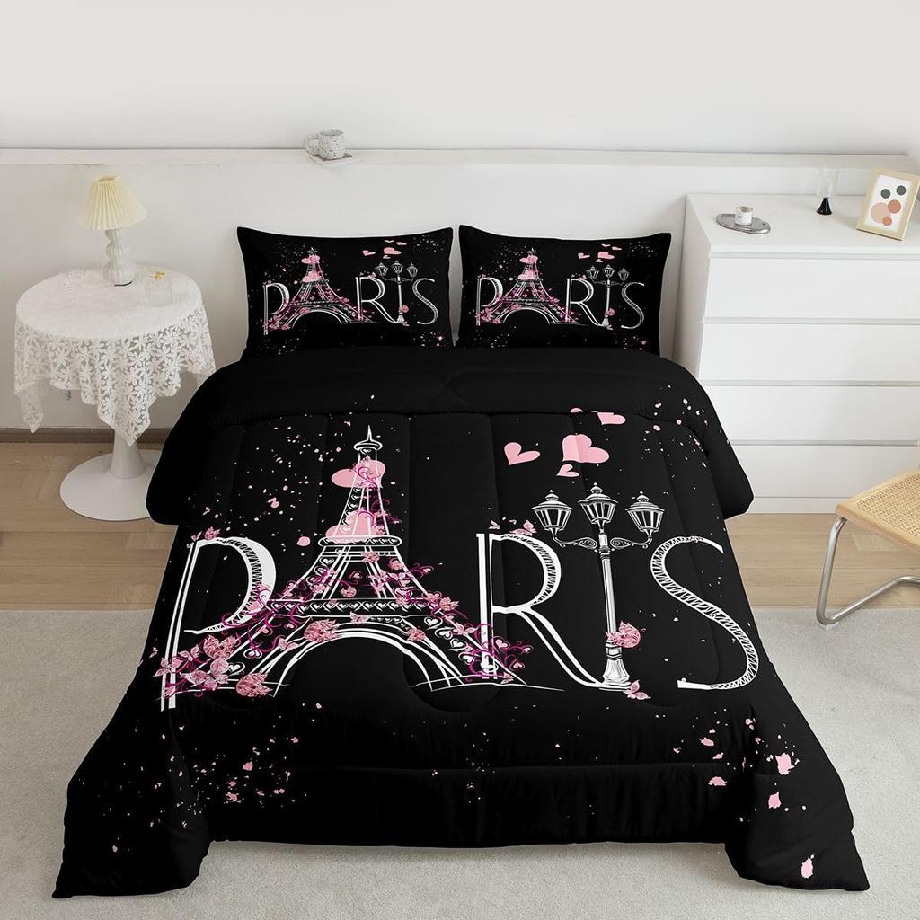 Feelyou Eiffel Tower Comforter Set Chic Paris Bedding Set Romantic Theme Comforter for Boys Girls Children Teens Black Pink Bedroom Decor Mo