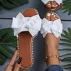 2026 New Flat Bottomed Rhinestone Bow Straight Slippers for Women Wearing Solid Color Lightweight Cloth Surface Sandals