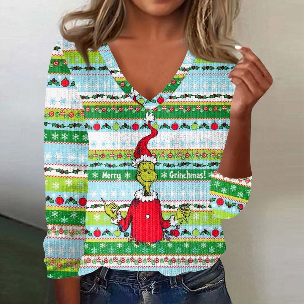 Women's Cute Sweatshirt Knitted Fashion Casual V-neck Long-sleeved  Cozy Print Top