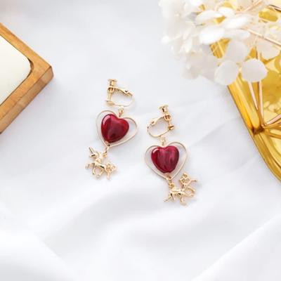 Earrings, Chain, Simple Red Heart Pendant, Earring Clip