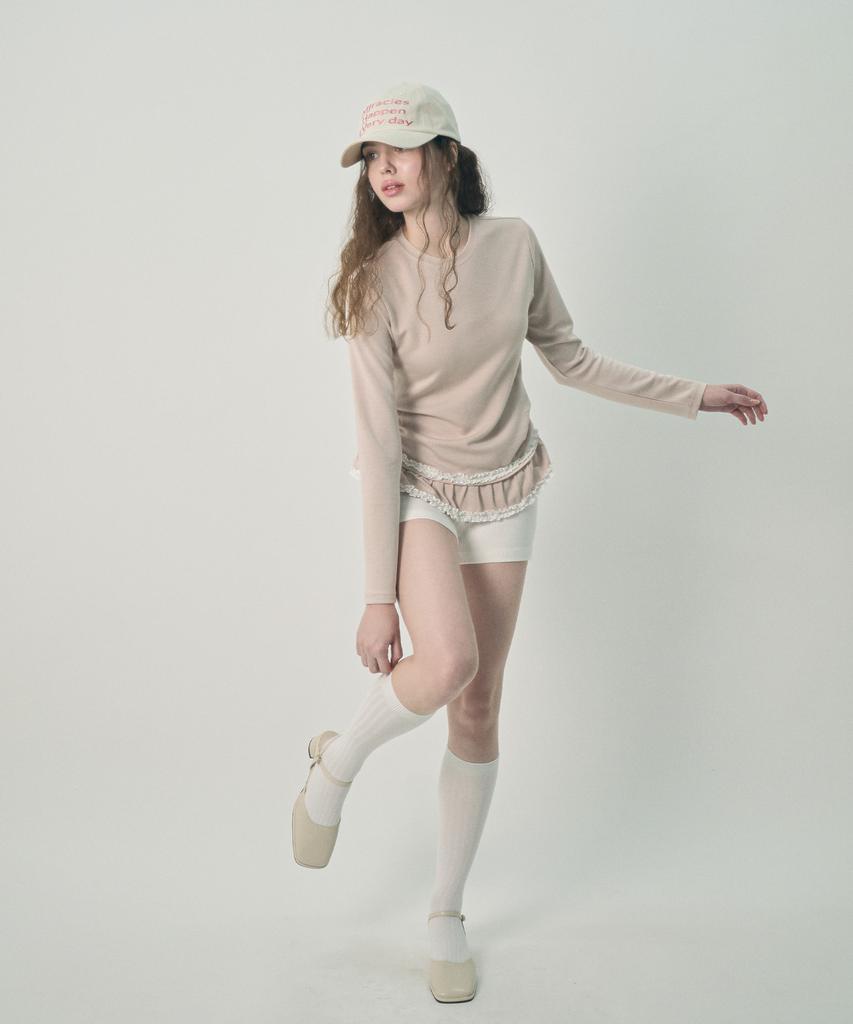 Mihebeu Double Lace Shirred Long Sleeve Pastel Pink