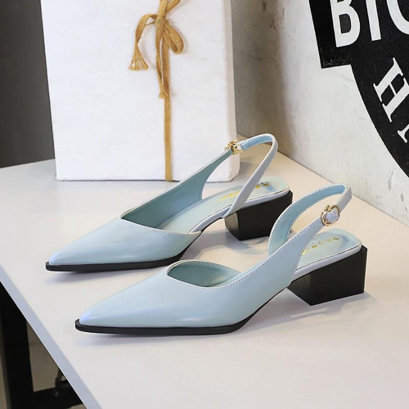 Fashion Pointed Toe Back Tripod Strap With Air Quality Shallow Mouth Comfortable Thick Heel Shoes Medium Heel Simple Side Empty