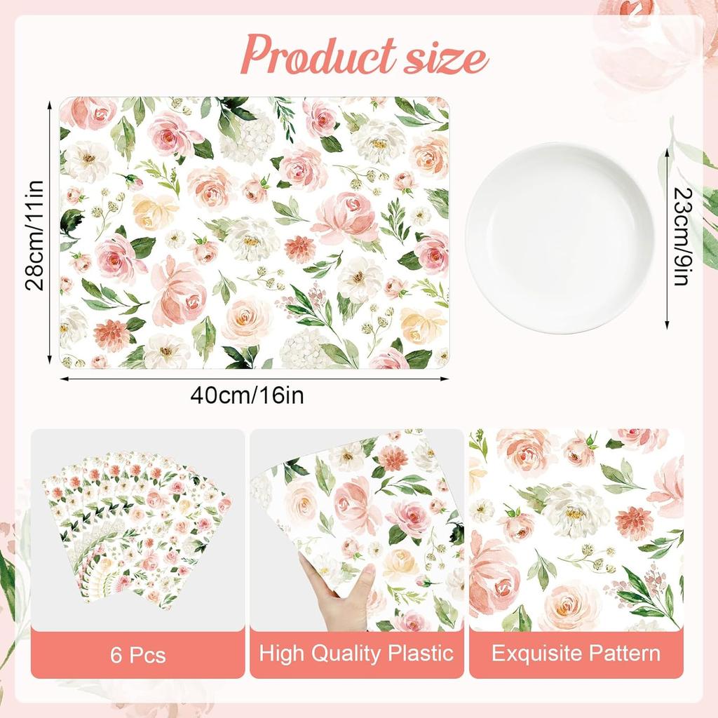 Colorful Floral Spring Plastic Placemats Set of 6,Summer Watercolor Flowers Place Mats,Washable Table Mats