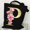 26 Golden Alphabet Floral Tote Bags for Women Large Capacity Canvas Casual New Flower Alphabet Printed Female Reusable Handbag