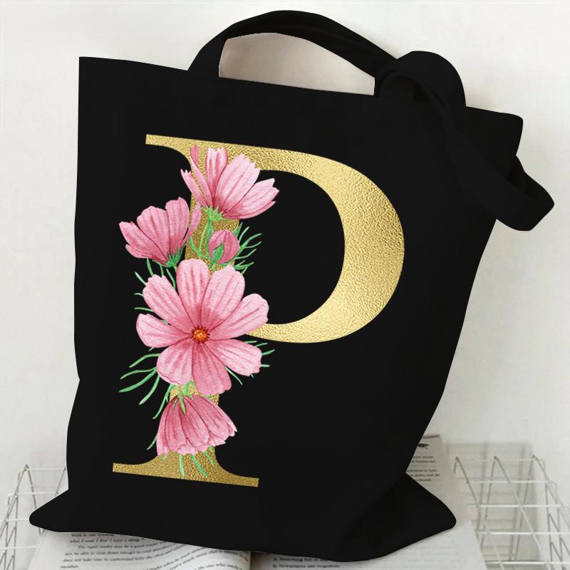 26 Golden Alphabet Floral Tote Bags for Women Large Capacity Canvas Casual New Flower Alphabet Printed Female Reusable Handbag