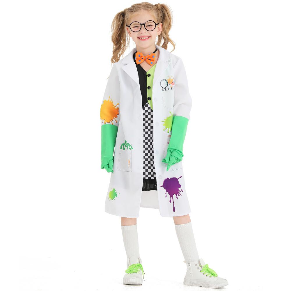 Kids Girls Crazy Science Laboratory Scientist Jacket Gloves Dress Set Children Halloween Cosplay Costumes Role Play Outfit