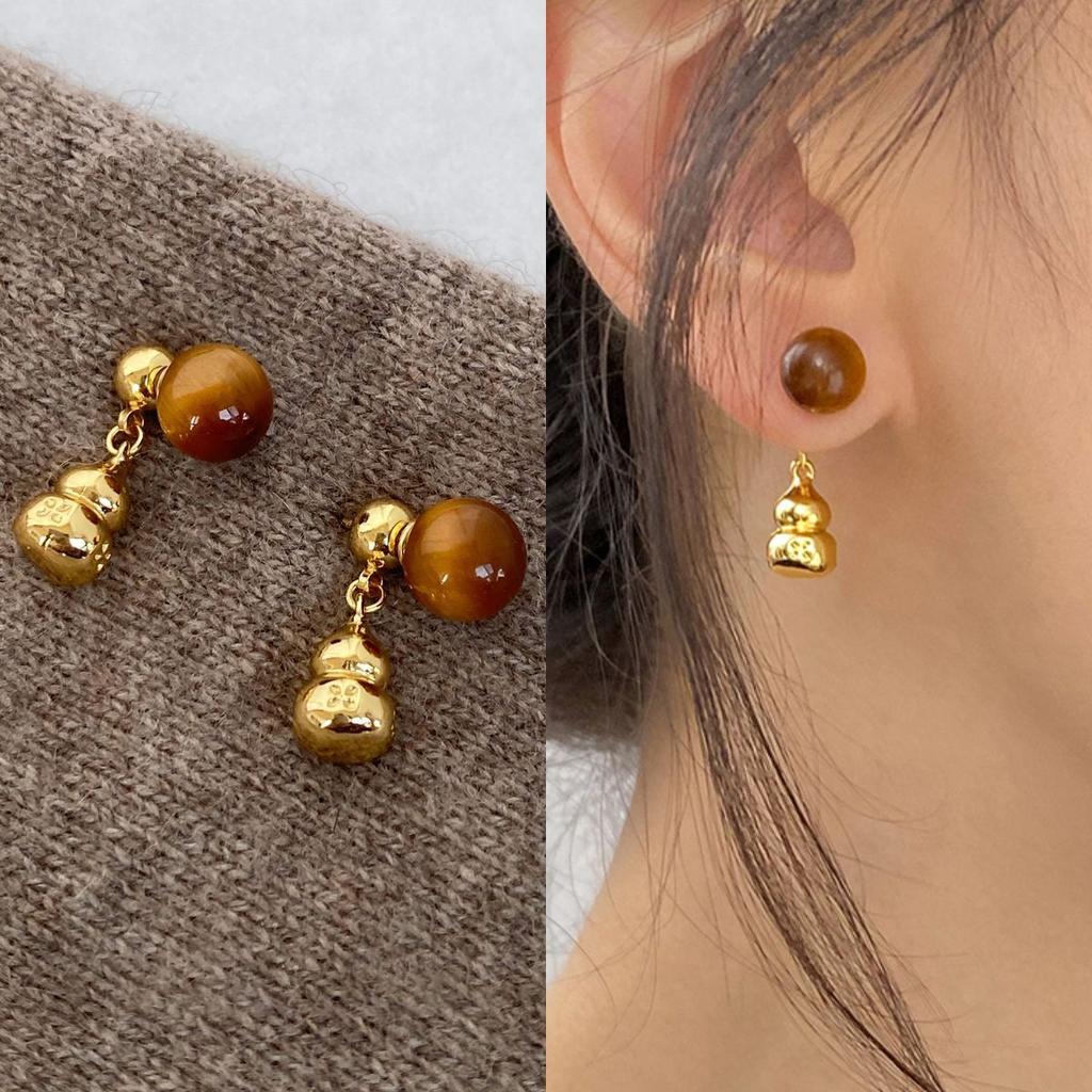 18k real gold electroplated tiger's eye stone geometric stud earrings Maillard temperament earrings earrings women