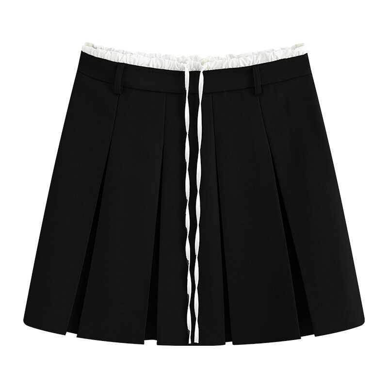 

Julu Studio Free College Slightly Oversized Girls College Contrast Color Drawstring Pleated A- line Skirt plus Size Skirt Pure Black XL