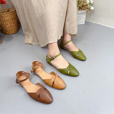 Genuine Leather Solid Color Buckle Strap Sandals Casual Pointed Toe Soft Sole Women's Shoes