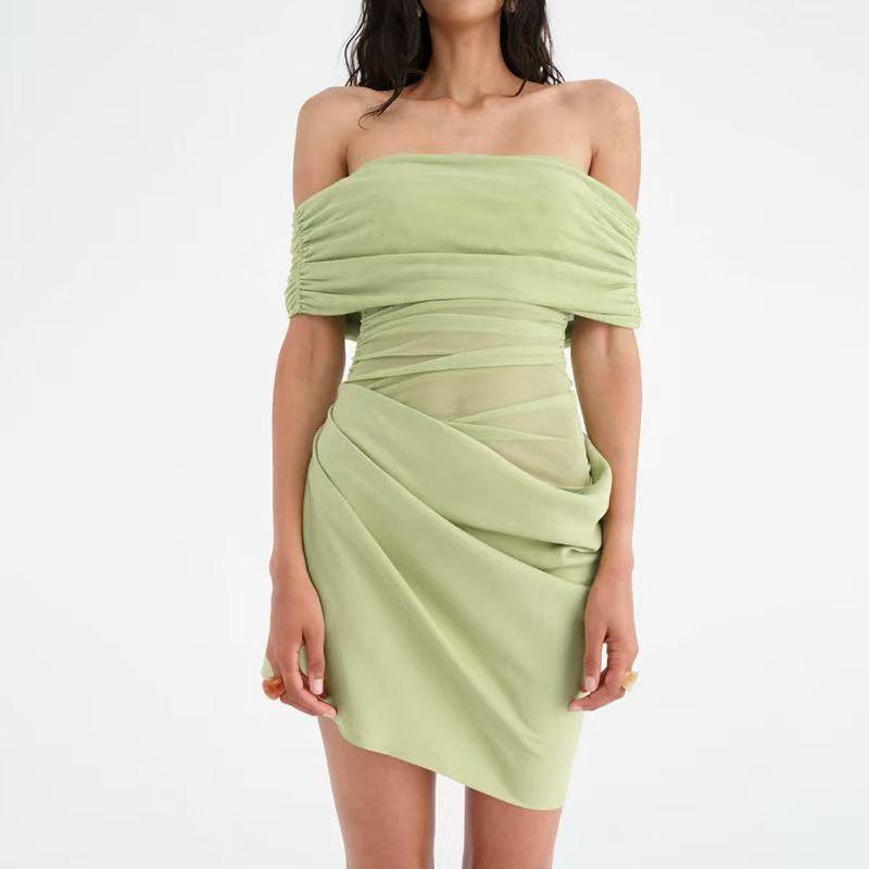 

Fashion New Arrival Sexy off-the-Shoulder Mesh Patchwork Waist-Baring Dress Sexy Pleated Mesh Dress Light Green L