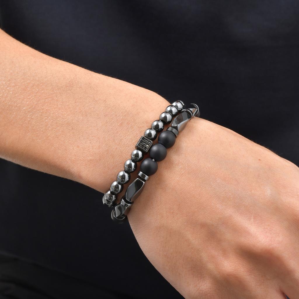 Vnox 2 Stück/Set Mattschwarzes Onyx-Hämatit-Perlenarmband-Set Natürlicher Stein Stretch-Armbänder Modeschmuck Geschenke für Männer Frauen