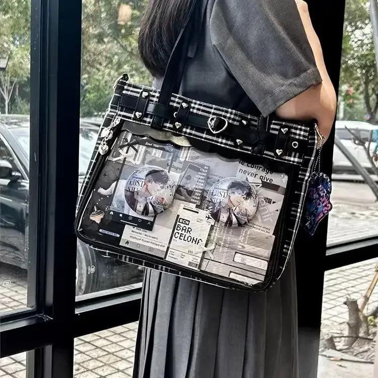 Women Fashion Checkered Pattern Retro Ita Bag Cute Girl Transparent Large Capacity Tote Bag New Shoulder Bag DIY Display Handbag