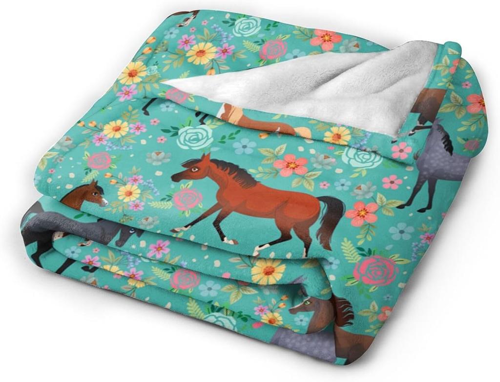 Horse Flower Throw Blanket Soft Cozy Plush Warm Fleece Football Blanket For Sofa Couch Bed 80"X60"