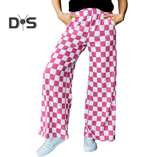 Damenhose, elastisch, hohe Taille, karierter Druck, weites Bein, Freizeithose, lockere Passform, Hose für Urlaub, Arbeit, Alltag