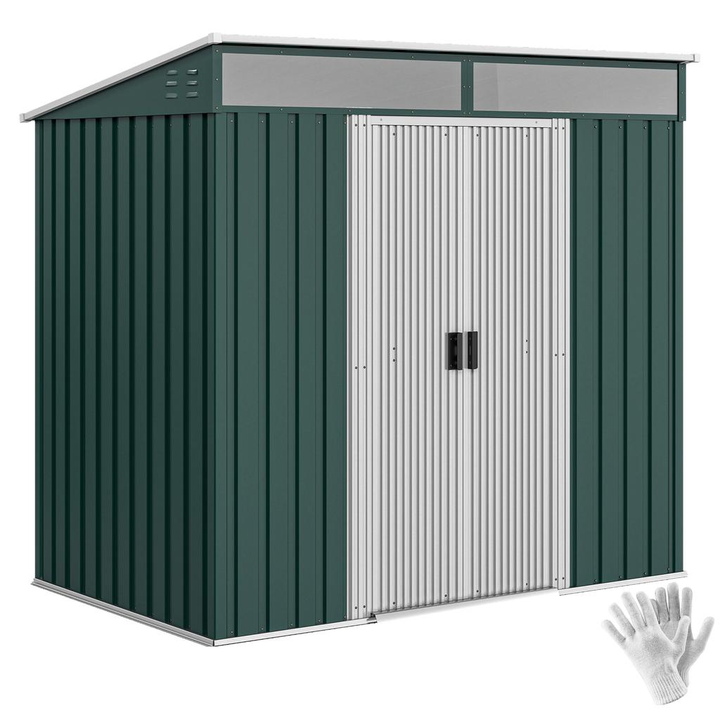 6.5 x 4FT Galvanised Metal Shed with Foundation Kit, Lockable Tool Garden Shed with Double Sliding Doors, Vents, Green
