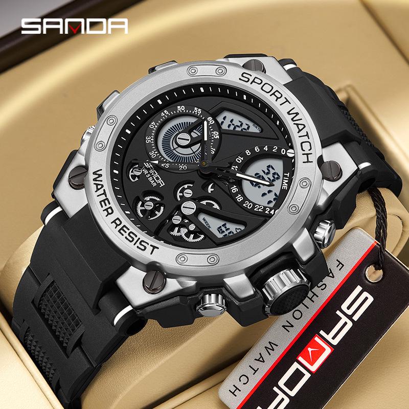 Sanda Men's 3D Dual Display Sports Watch with Night Light and Multi-function Features