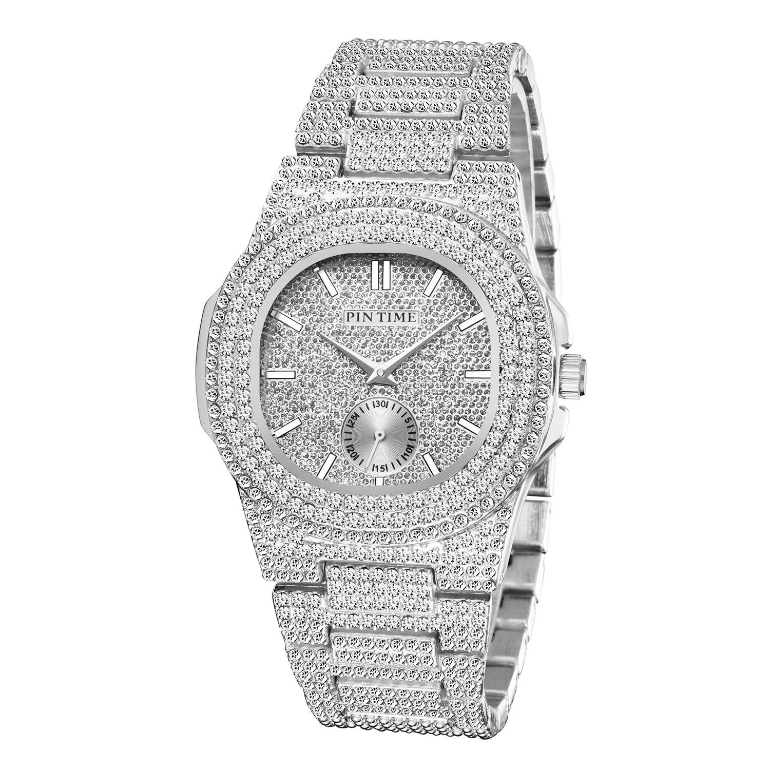 

Уникальные часы с бриллиантами для мужчин в стиле хип-хоп, часы из нержавеющей стали, светящиеся водонепроницаемые мужские часы серебряный