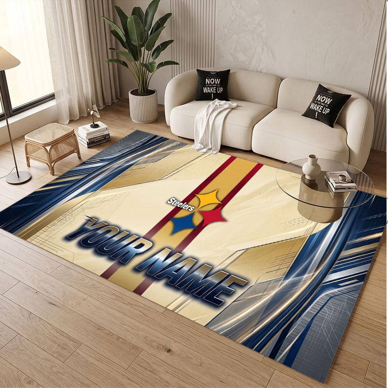 Custom Rug Pittsburgh Steelers Pattern Print Name Text Soft Non‑Slip Floor Carpet for Home Indoor Decoration