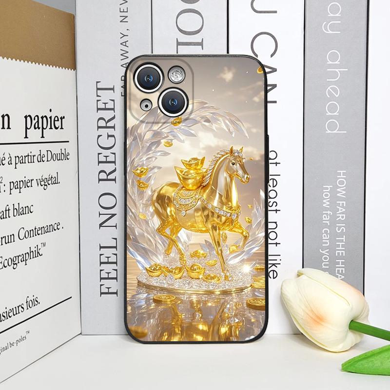 Luxury Crystal Golden Horse Pattern Phone Case for IPhone 17 16 12 11 14 Plus 13 15 Pro Max Mini X XS XR Shockproof Soft Covers