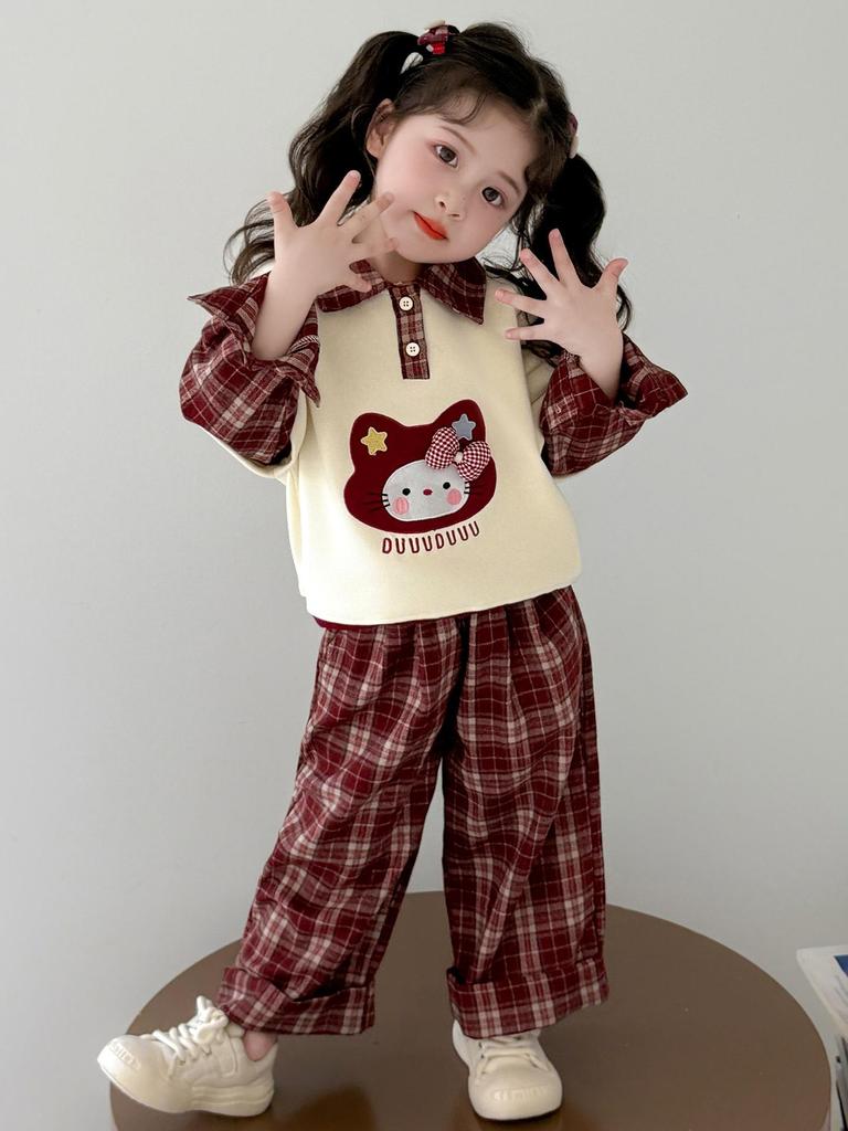 Girls' 2025 Fashion Spring & Autumn Outfit - Red Plaid Two-in-One Set for Toddlers