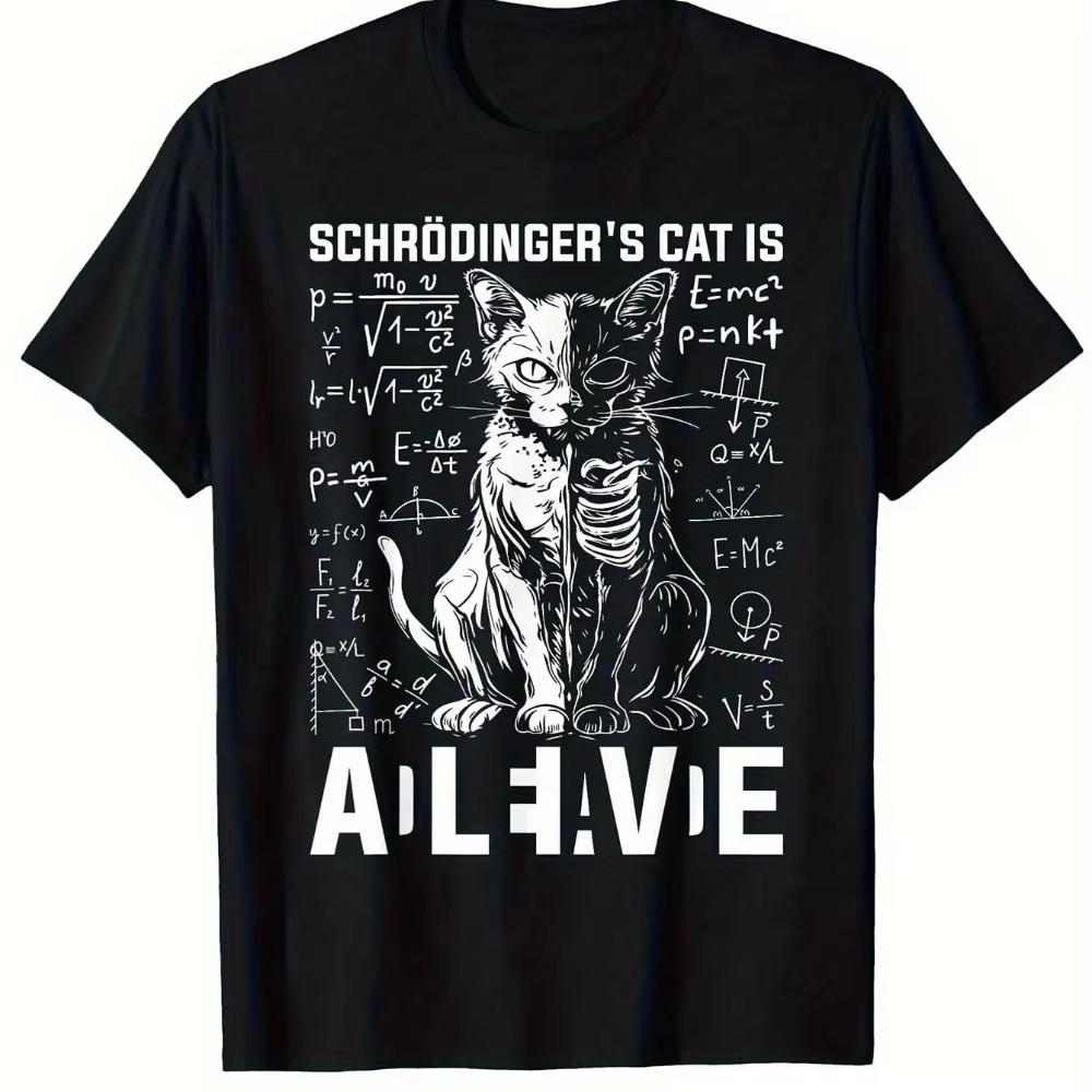 Men S Schr?dinger S Cat Life and Death Physics Graphic T-Shirt Soft and Cozy Black Casual Comfy Ideal for Everyday Travel Spo... S