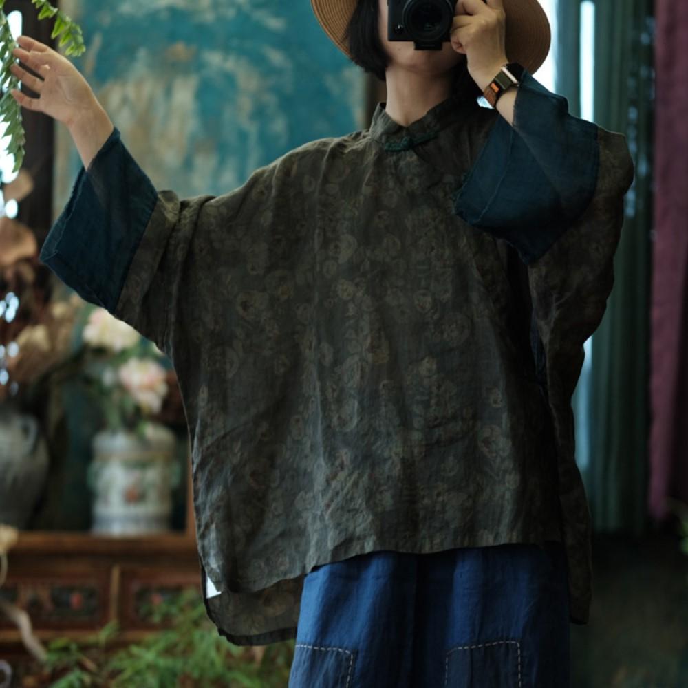 

Johnature Vintage Women Print Floral Shirts Loose Stand Long Sleeve Blouses Autumn Button Chinese Style Shirts One Size зелёный