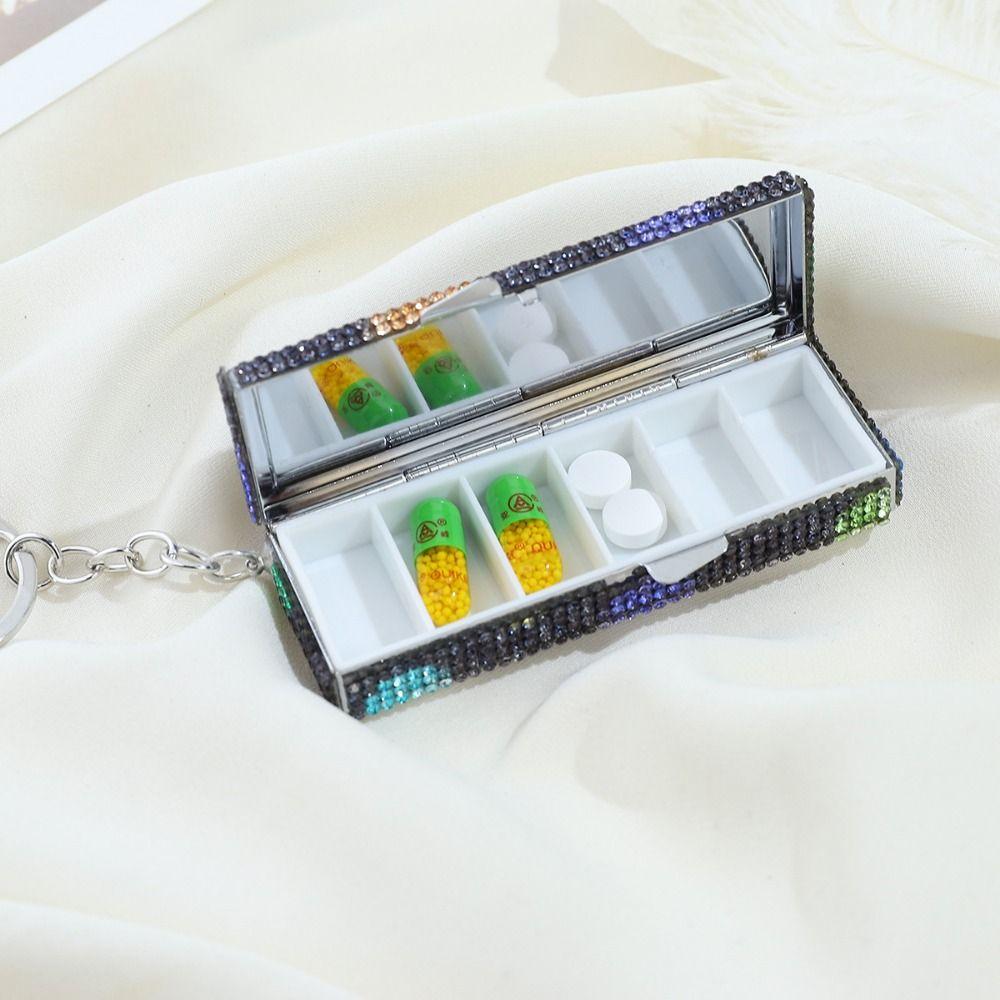 Shiny Rhinestone Mini Metal Pill Box Portable Keychain Travel Pill Organizer Moisture-proof 6 Grids Pill Case Container