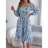 Fashion Women's Dresses Elegant Floral Square Neck Long Sleeve Waisted Ruffle A-line Dresses