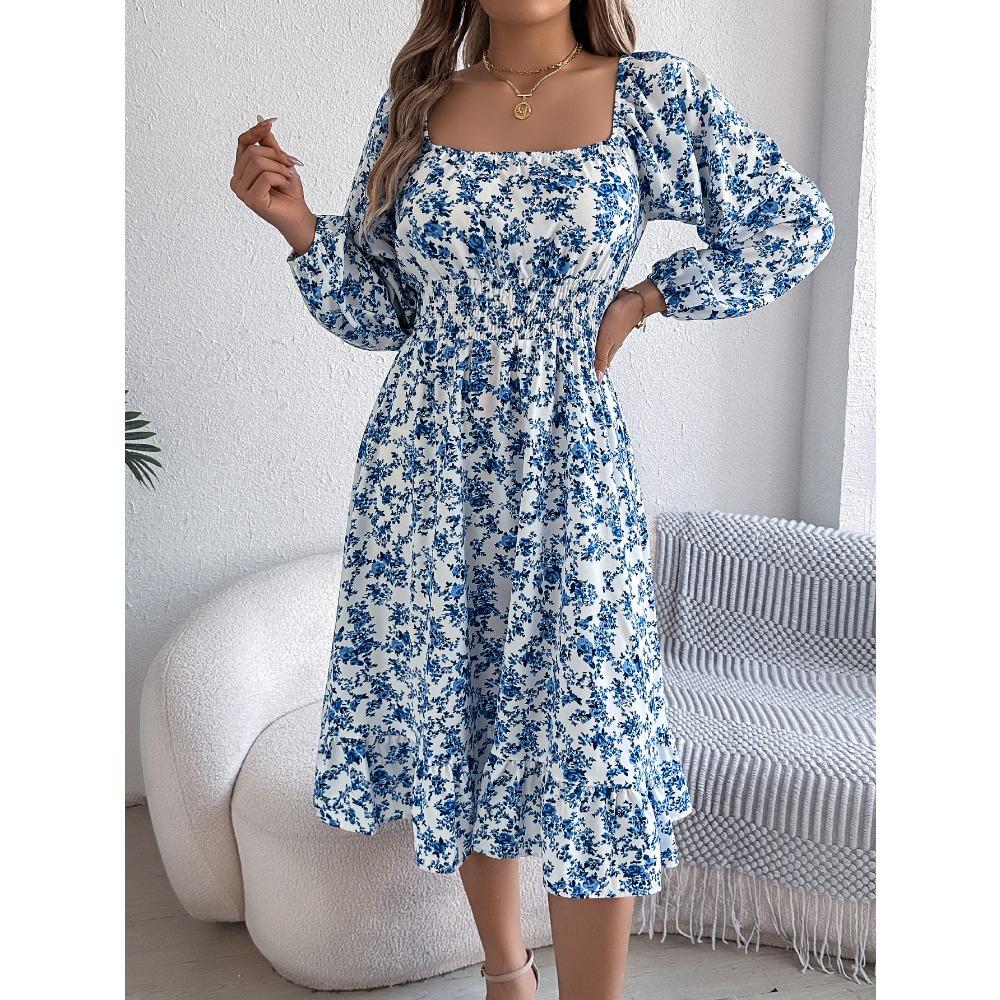 Fashion Women's Dresses Elegant Floral Square Neck Long Sleeve Waisted Ruffle A-line Dresses