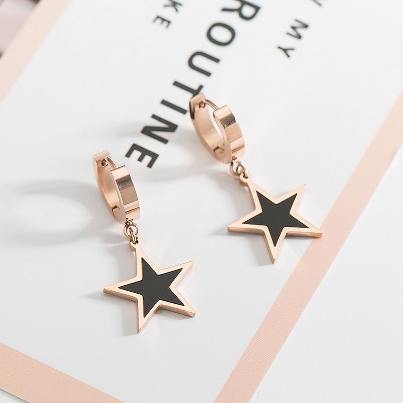 Korean Black Rhombus Ear Cuff & Rose Gold Stud Earring - Women's Japanese Korean Fashion