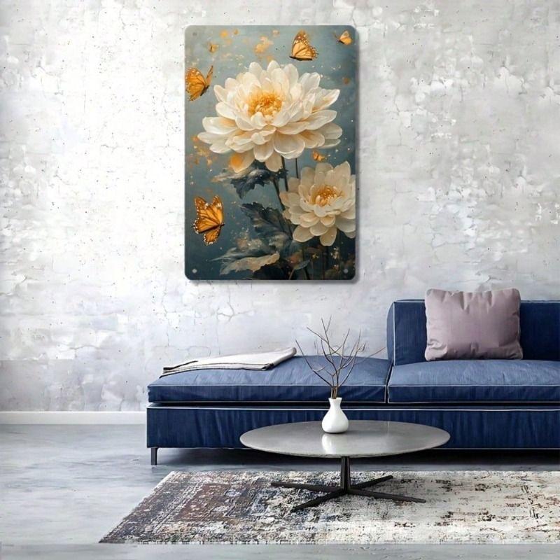 Vintage Metal Wall Art Chrysanthemum Butterfly Poster Home Decor