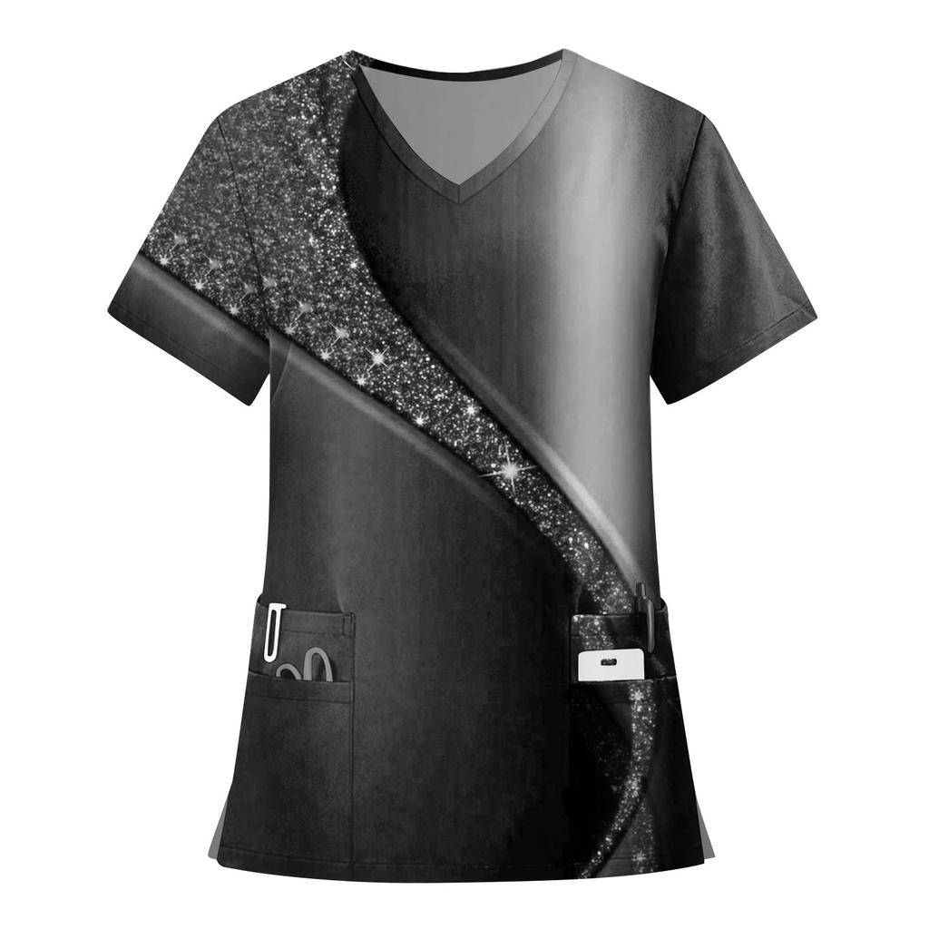 Women's Fashion Printed Short Sleeve V Neck Pattern Tops Pocket Working T-shirts